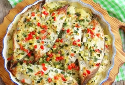 Палтус с картофелем под молочно-овощным соусом