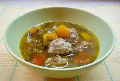 Гречнево-тыквенный суп с фрикадельками из хека